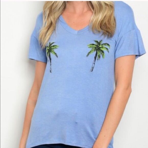 Palm Tree Graphic T-Shirt Large Blue L A33 - Picture 1 of 8